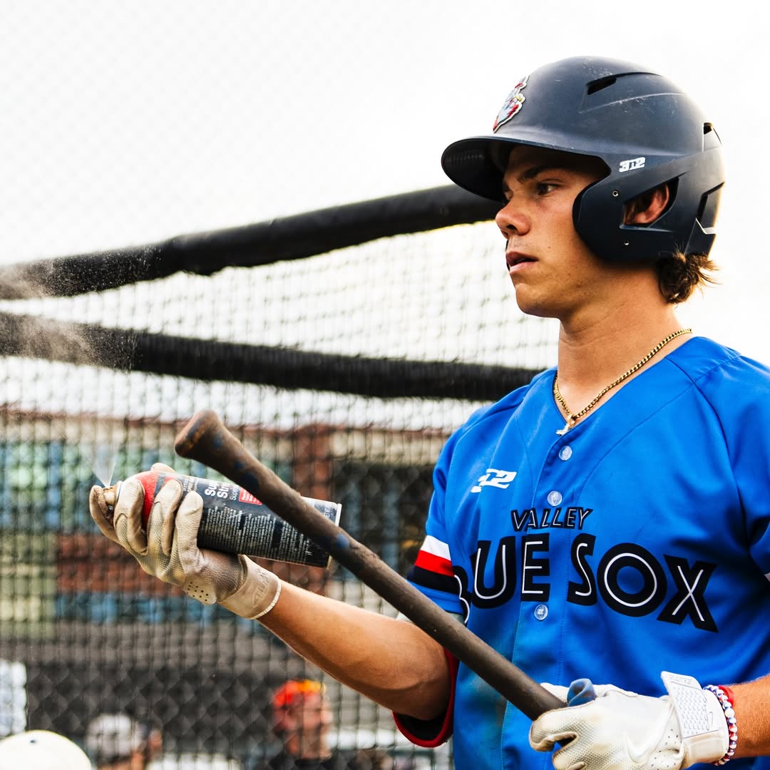 Baseball player in a blue uniform with 'Valley Blue Sox' holding a bat and helmet.